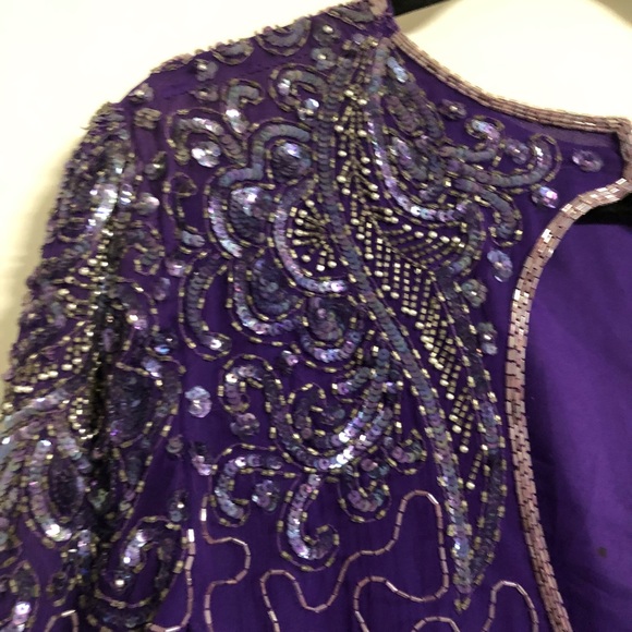 Vintage 1980s Purple Sequin and Beaded Silk Dress Art Deco Flapper Style Size 10 - Picture 6 of 13